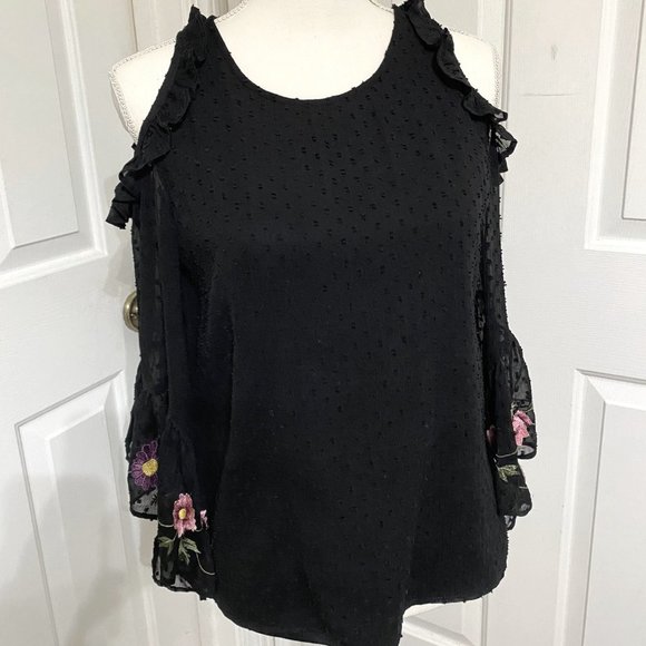 S Blue Rain Top with Embroidered Flowers on the Bell Sleeve Cuffs - Picture 1 of 10